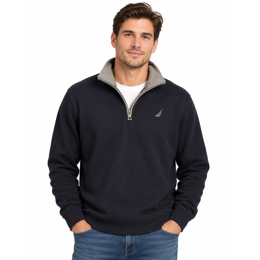 Nautica Men's Navy Half Zip Pullover Fleece Sweatshirt Mock Neck Logo L NWT